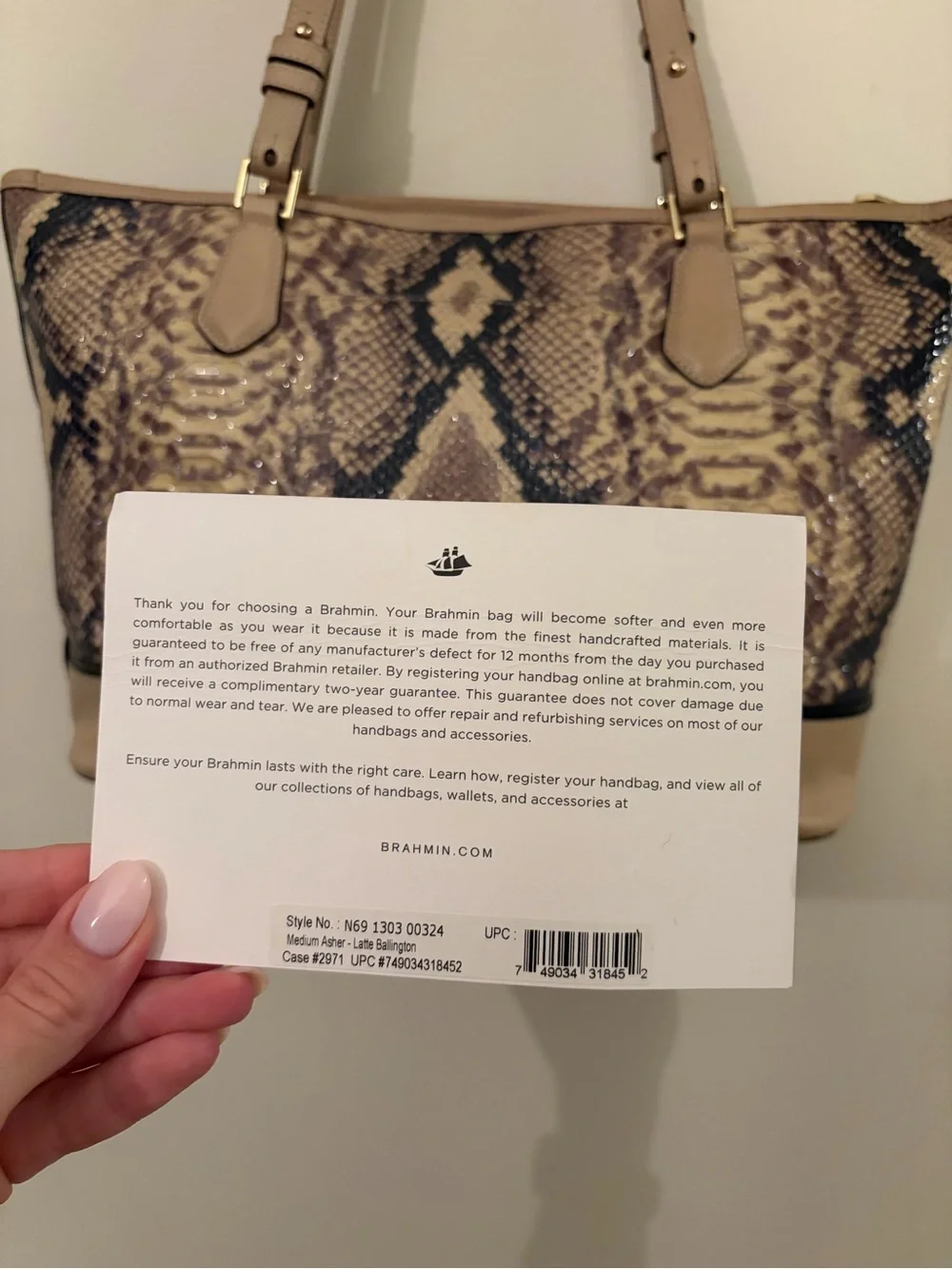 Brahmin Taupe Snake-Print Tote with Tassel